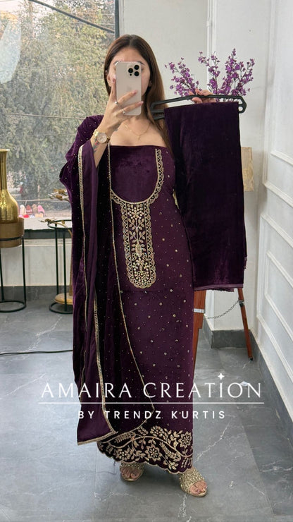 Premium Heavy Velvet Wine Color Siroski Work Detailing Unstitch Suit