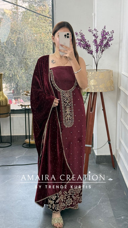 Premium Heavy Velvet Maroon Color Siroski Work Detailing Unstitch Suit