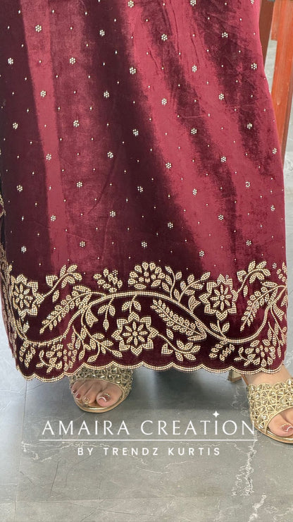 Premium Heavy Velvet Maroon Color Siroski Work Detailing Unstitch Suit