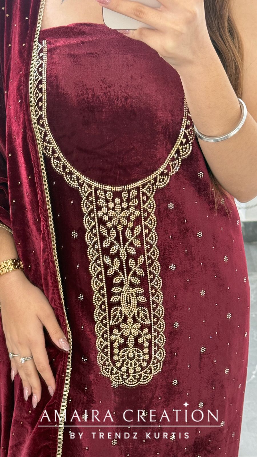 Premium Heavy Velvet Maroon Color Siroski Work Detailing Unstitch Suit