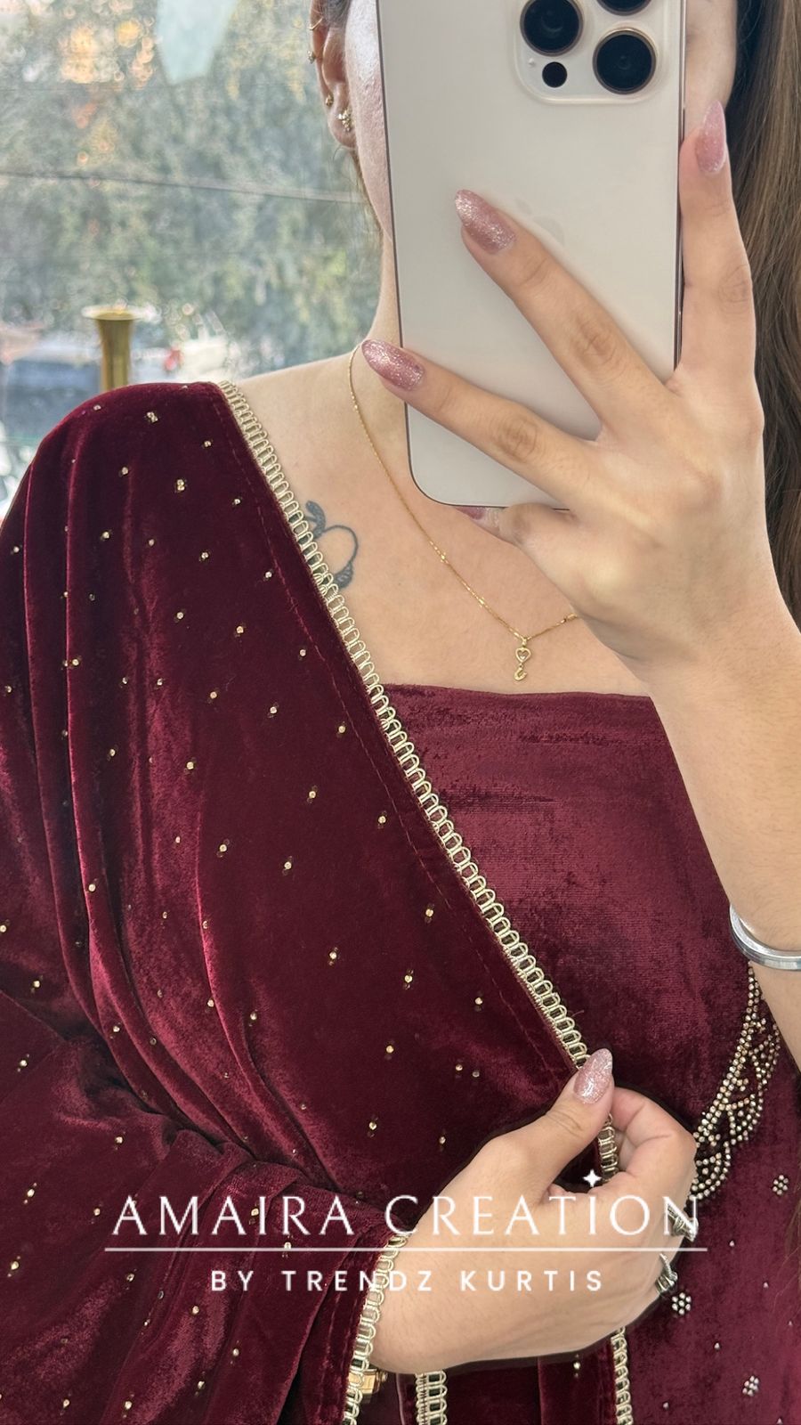 Premium Heavy Velvet Maroon Color Siroski Work Detailing Unstitch Suit