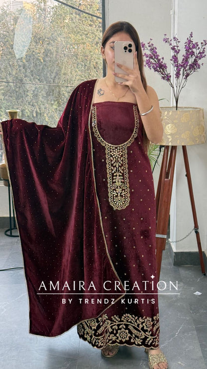Premium Heavy Velvet Maroon Color Siroski Work Detailing Unstitch Suit