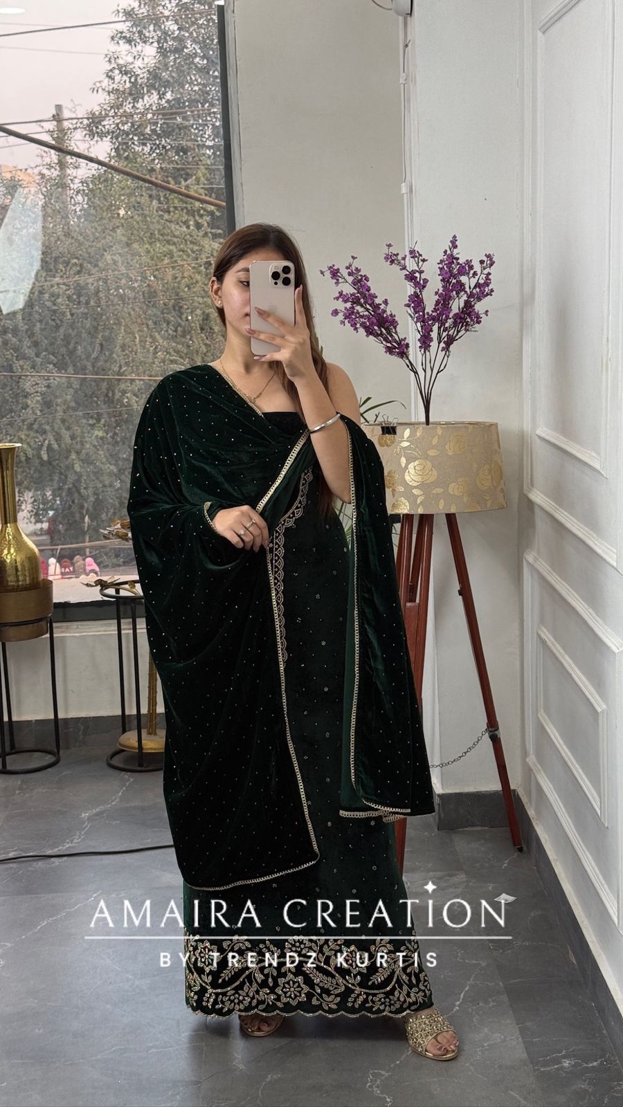 Premium Heavy Velvet Bottle Green Color Siroski Work Detailing Unstitch Suit