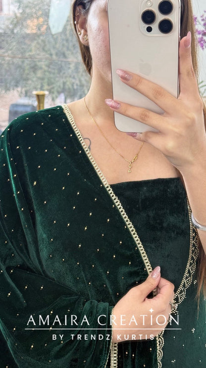 Premium Heavy Velvet Bottle Green Color Siroski Work Detailing Unstitch Suit
