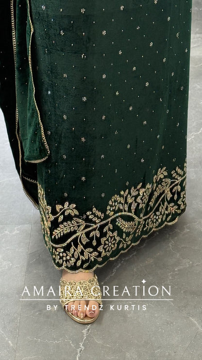 Premium Heavy Velvet Bottle Green Color Siroski Work Detailing Unstitch Suit