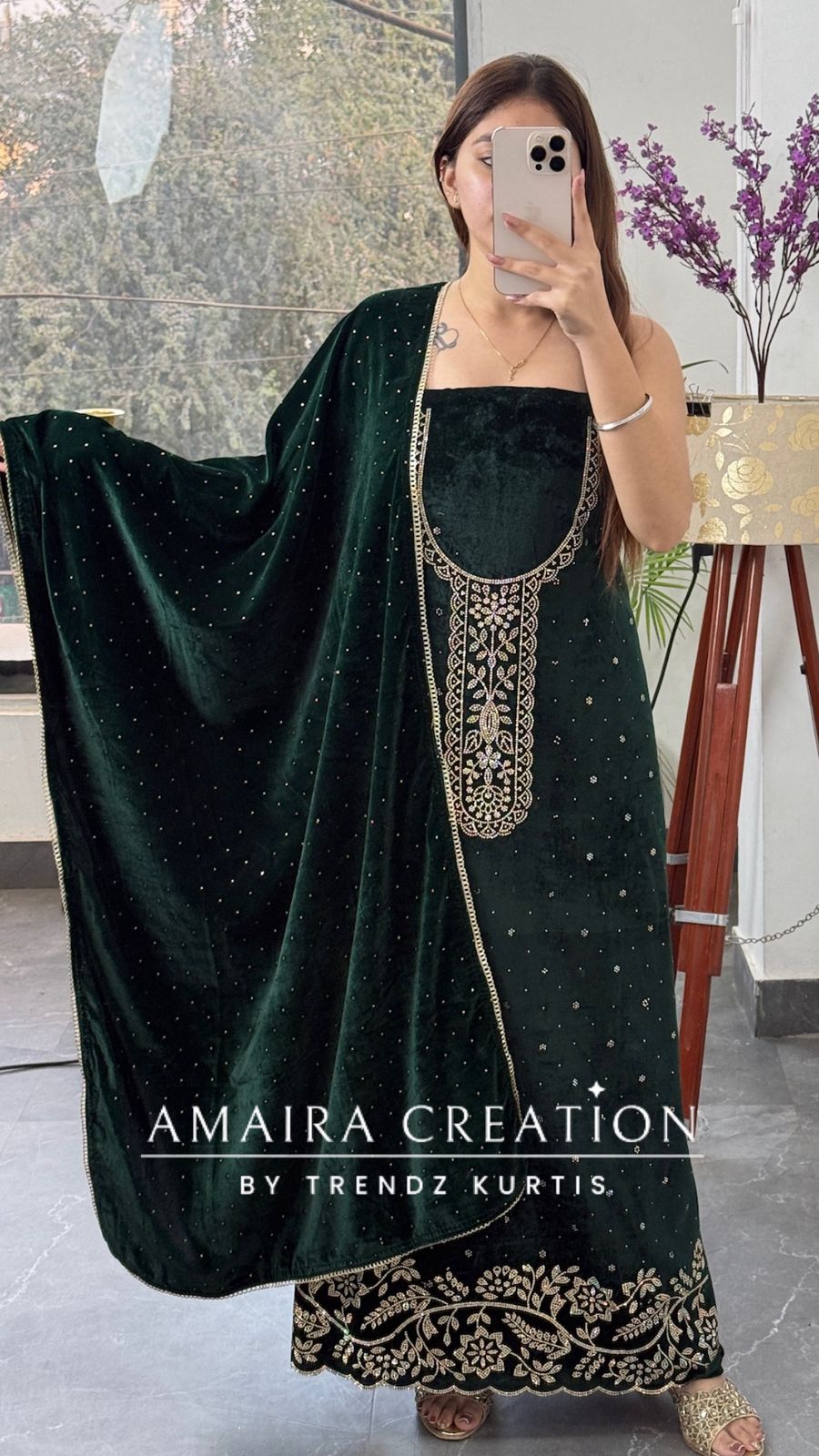 Premium Heavy Velvet Bottle Green Color Siroski Work Detailing Unstitch Suit