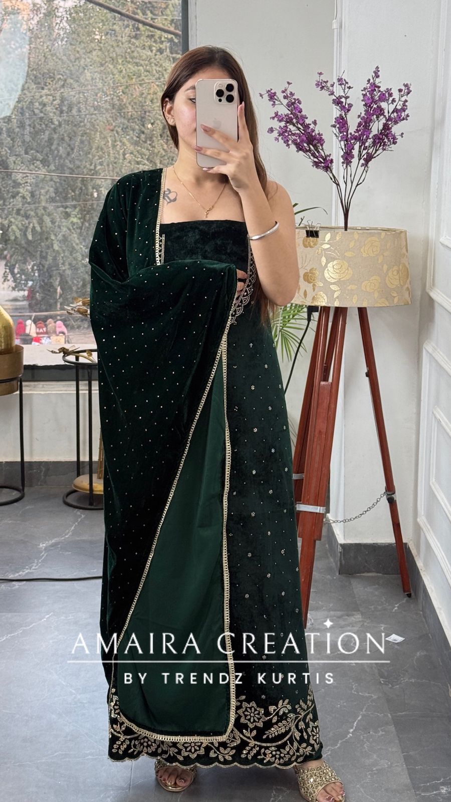 Premium Heavy Velvet Bottle Green Color Siroski Work Detailing Unstitch Suit