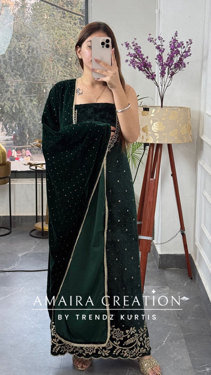 Premium Heavy Velvet Bottle Green Color Siroski Work Detailing Unstitch Suit