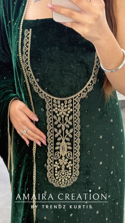 Premium Heavy Velvet Bottle Green Color Siroski Work Detailing Unstitch Suit