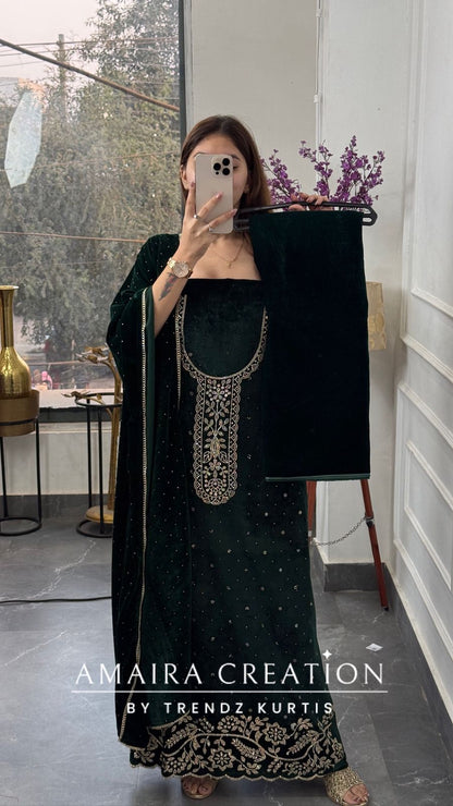 Premium Heavy Velvet Bottle Green Color Siroski Work Detailing Unstitch Suit