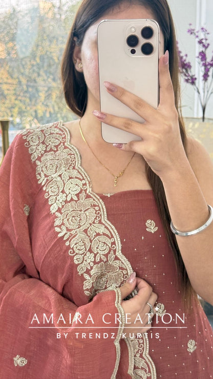 Premium Peach Fendi Fabric Embroidered Turkish Color Unstitch Suit