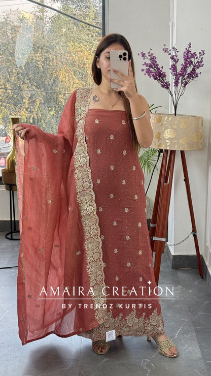 Premium Peach Fendi Fabric Embroidered Turkish Color Unstitch Suit