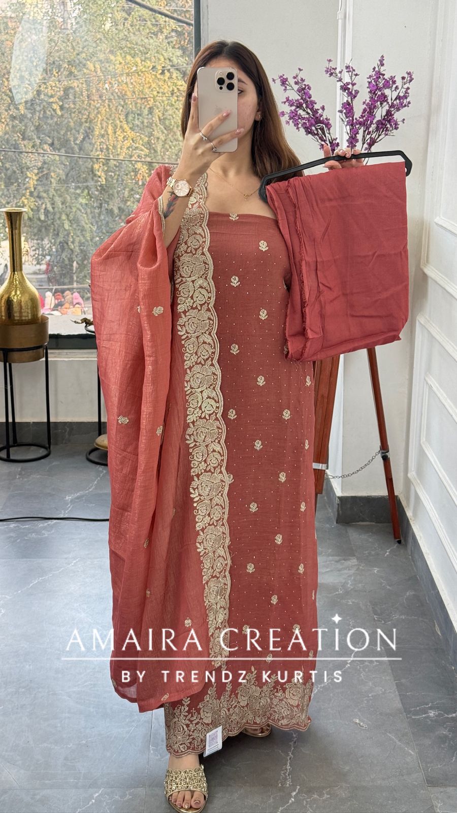 Premium Peach Fendi Fabric Embroidered Turkish Color Unstitch Suit