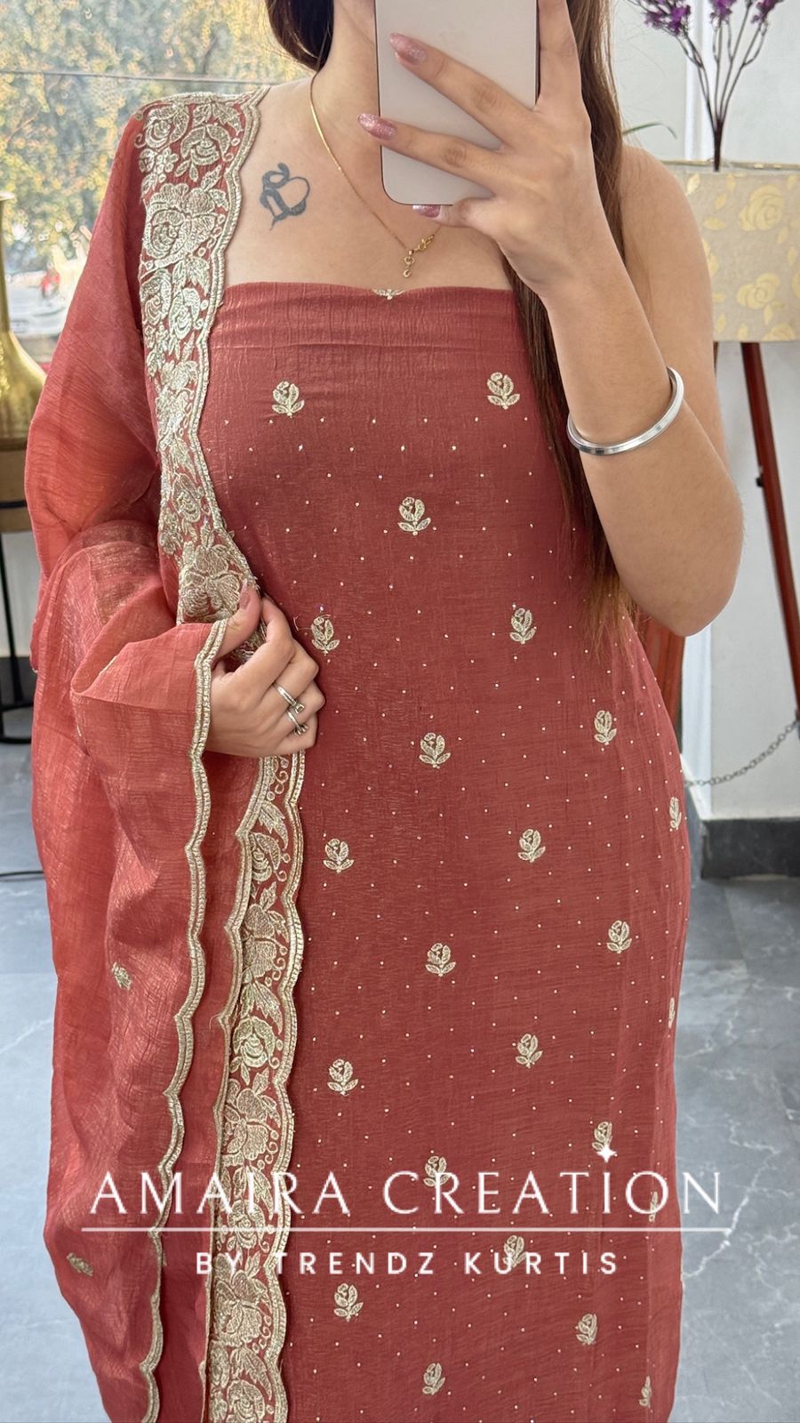 Premium Peach Fendi Fabric Embroidered Turkish Color Unstitch Suit