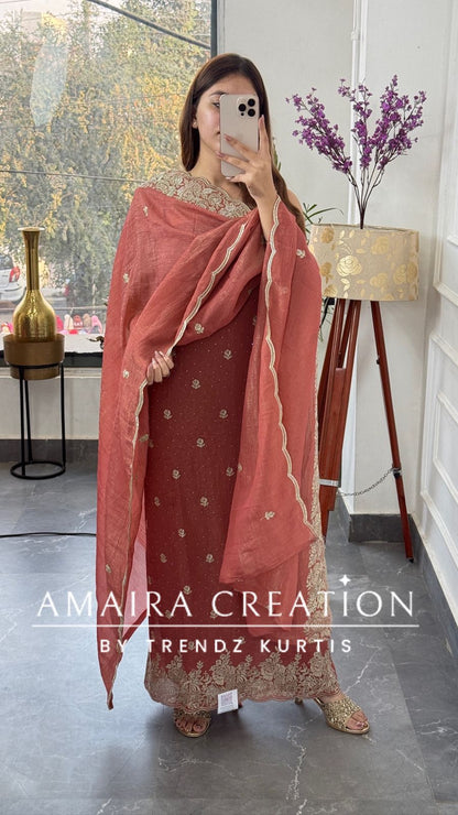 Premium Peach Fendi Fabric Embroidered Turkish Color Unstitch Suit