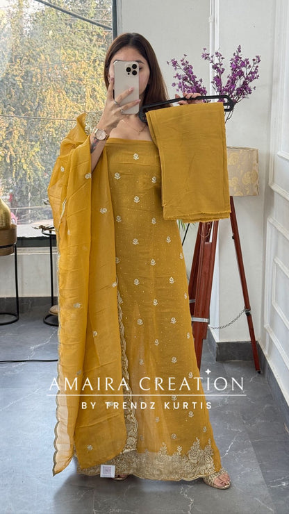 Premium Mustard Fendi Fabric Embroidered Turkish Color Unstitch Suit