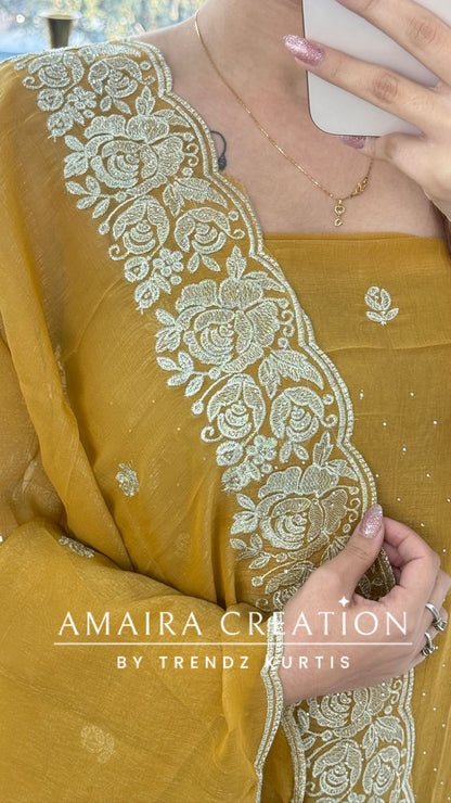 Premium Mustard Fendi Fabric Embroidered Turkish Color Unstitch Suit