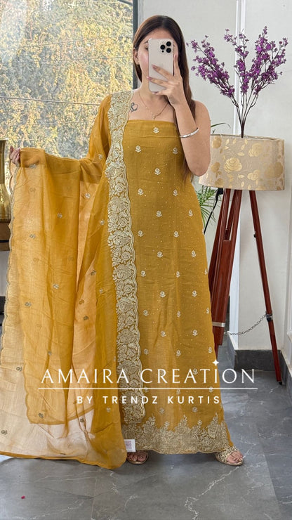 Premium Mustard Fendi Fabric Embroidered Turkish Color Unstitch Suit