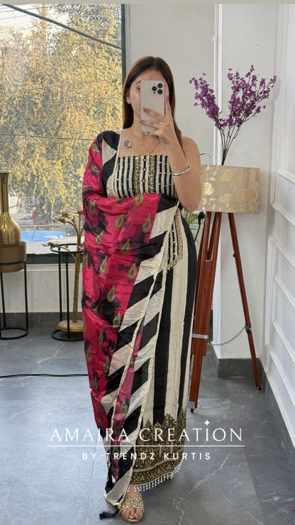 Premium Crepe Beige & Black Colour Unstitched Suit With Crepe Dupatta