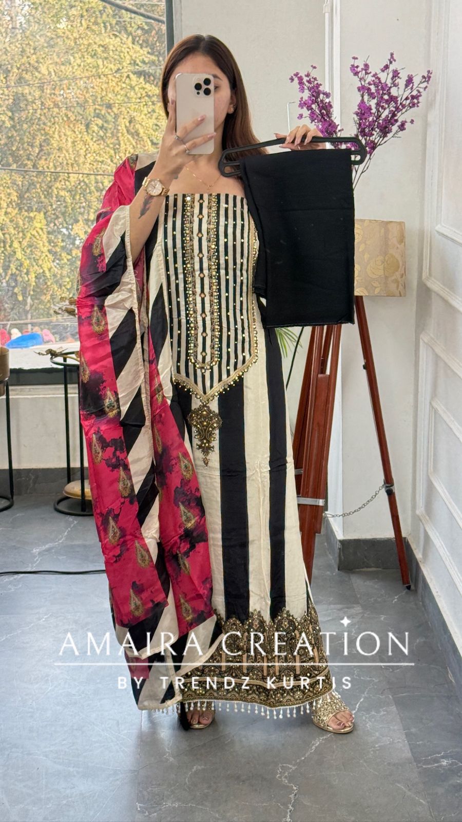 Premium Crepe Beige & Black Colour Unstitched Suit With Crepe Dupatta