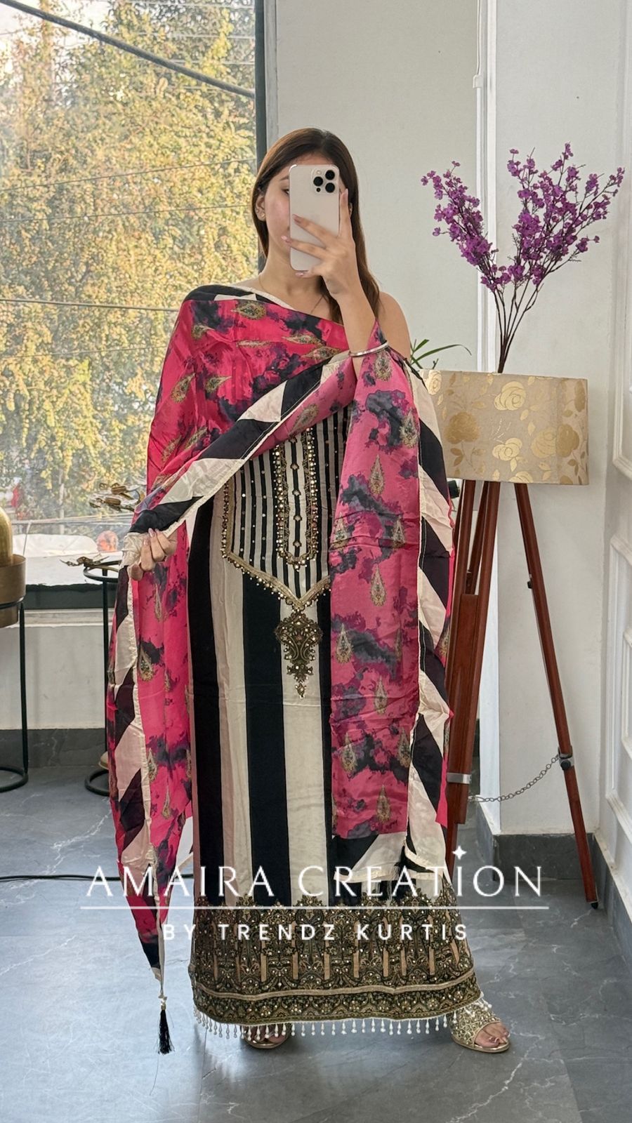 Premium Crepe Beige & Black Colour Unstitched Suit With Crepe Dupatta