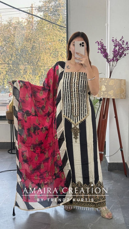 Premium Crepe Beige & Black Colour Unstitched Suit With Crepe Dupatta