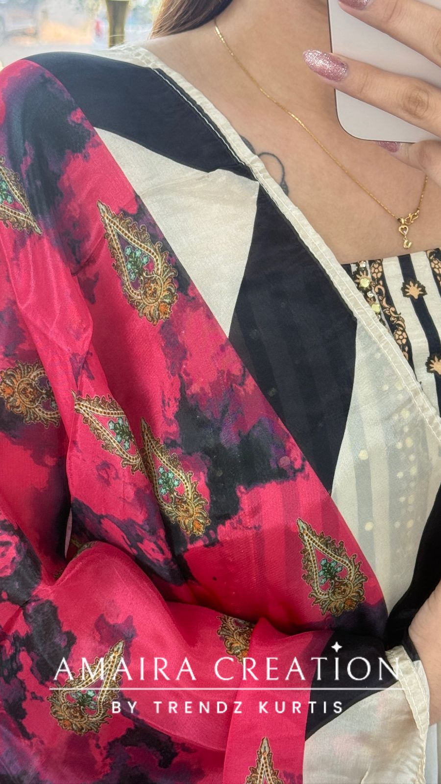 Premium Crepe Beige & Black Colour Unstitched Suit With Crepe Dupatta