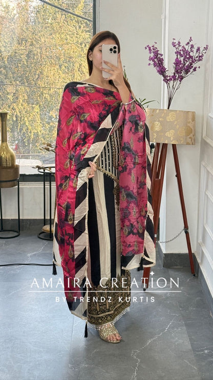 Premium Crepe Beige & Black Colour Unstitched Suit With Crepe Dupatta