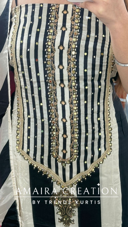 Premium Crepe Beige & Black Colour Unstitched Suit With Crepe Dupatta