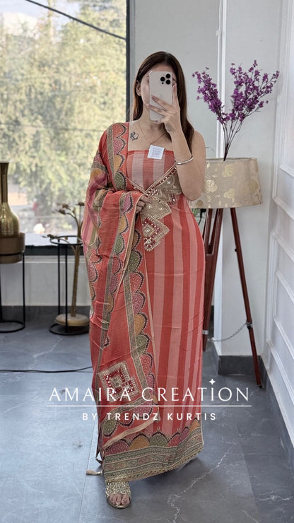 Premium Shimmer Glass Tissue Peach Color Unstitch Suit