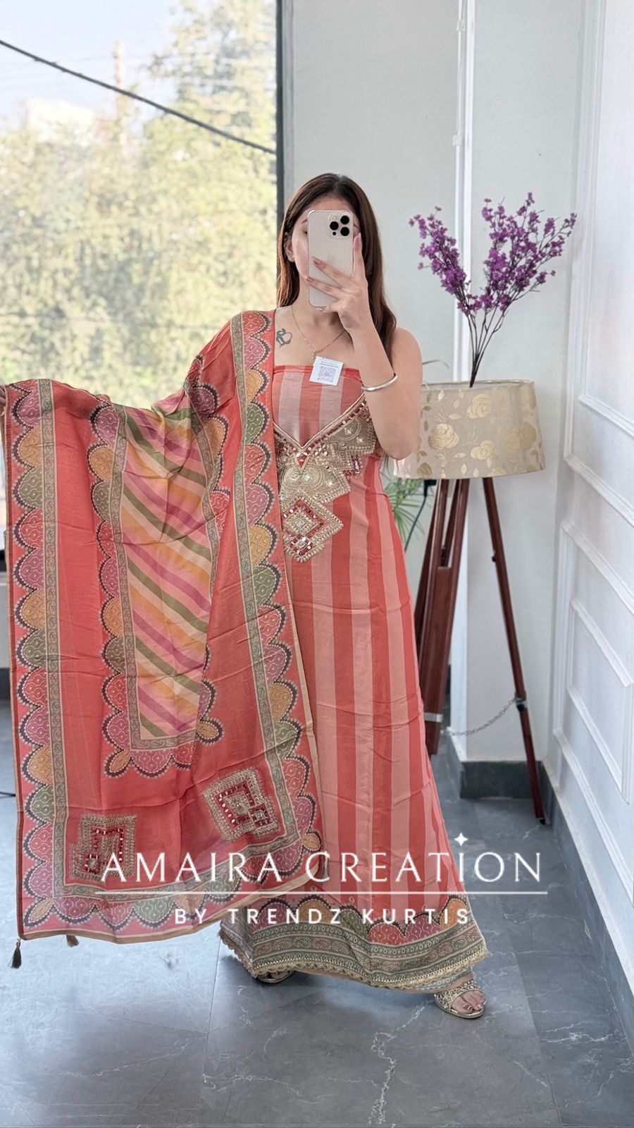 Premium Shimmer Glass Tissue Peach Color Unstitch Suit