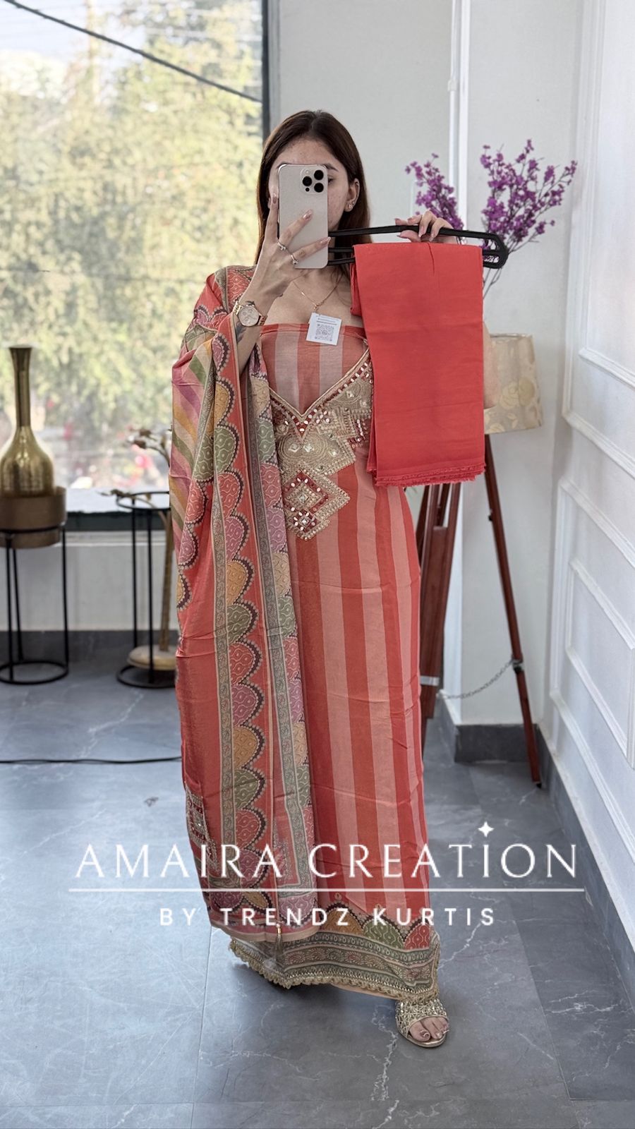 Premium Shimmer Glass Tissue Peach Color Unstitch Suit