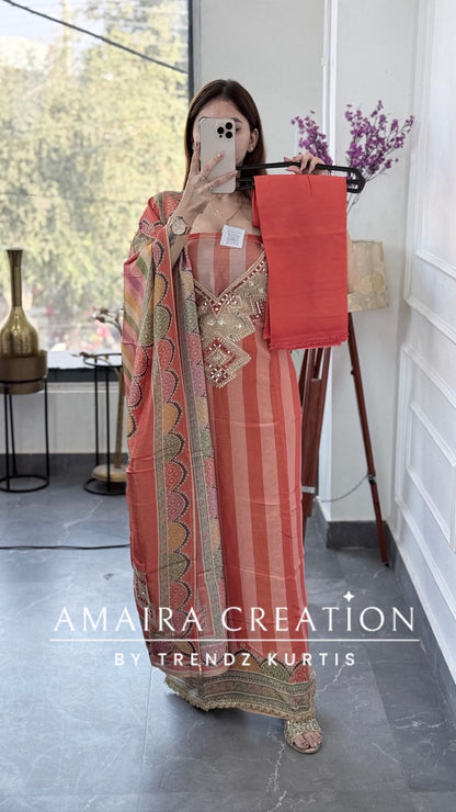 Premium Shimmer Glass Tissue Peach Color Unstitch Suit