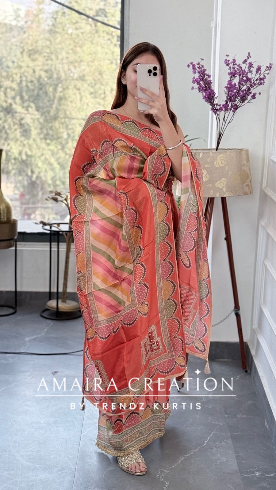 Premium Shimmer Glass Tissue Peach Color Unstitch Suit