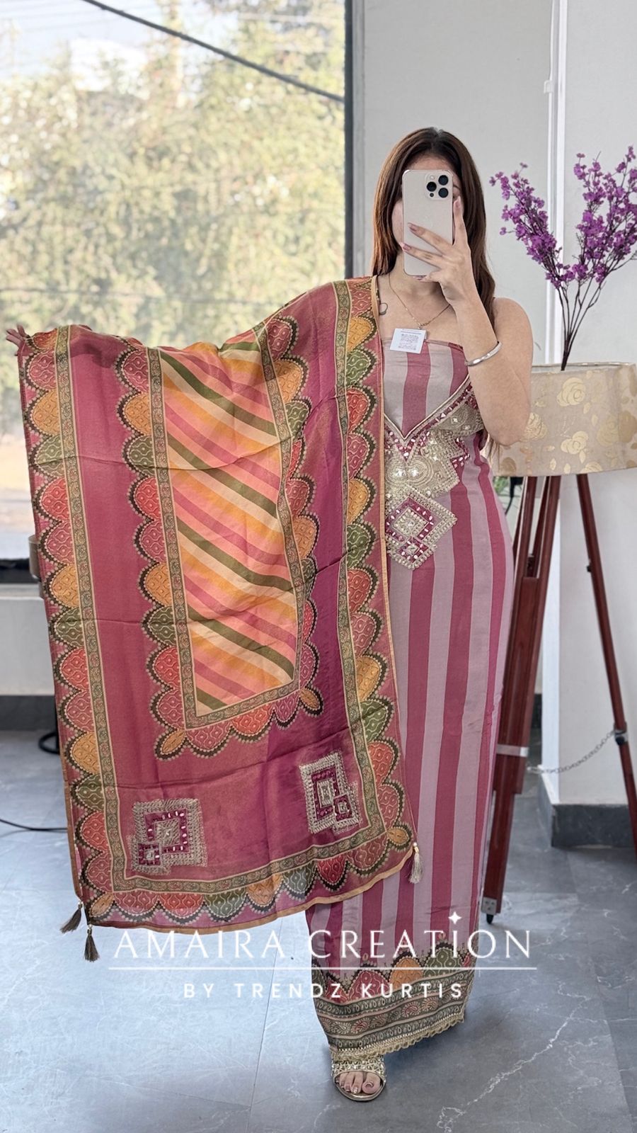 Premium Shimmer Glass Tissue Mauve Color Unstitch Suit