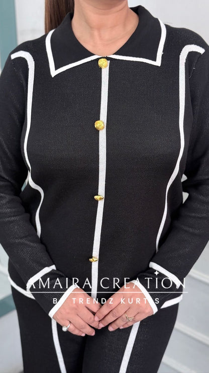 Premium Wool Black Colour White Stripe Deatiling Free Size Cord Set(Upto 42 Chest)