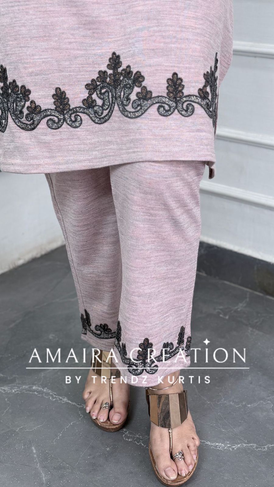 Premium Woolen Light Pink Embroidered Cord Set