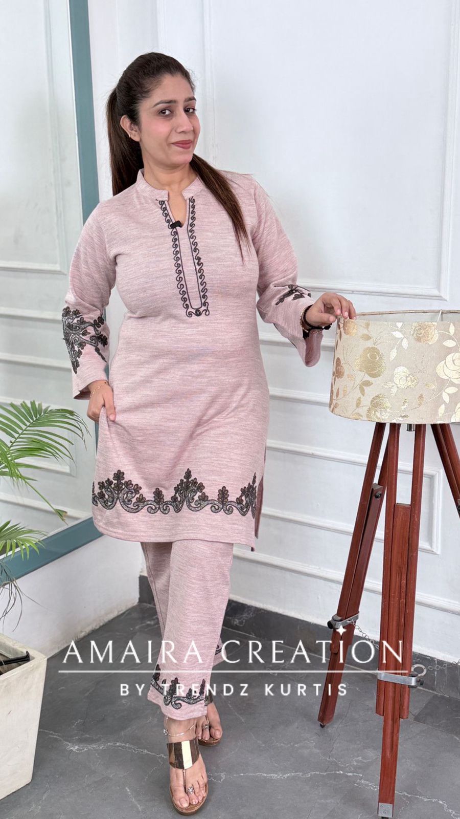 Premium Woolen Light Pink Embroidered Cord Set