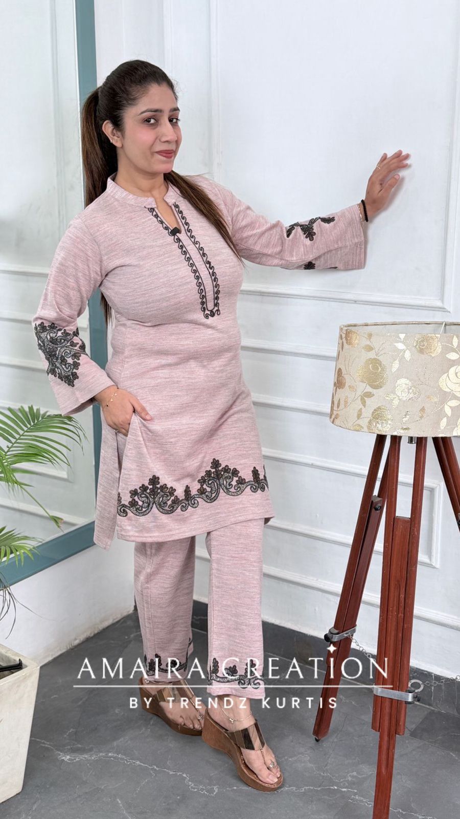 Premium Woolen Light Pink Embroidered Cord Set