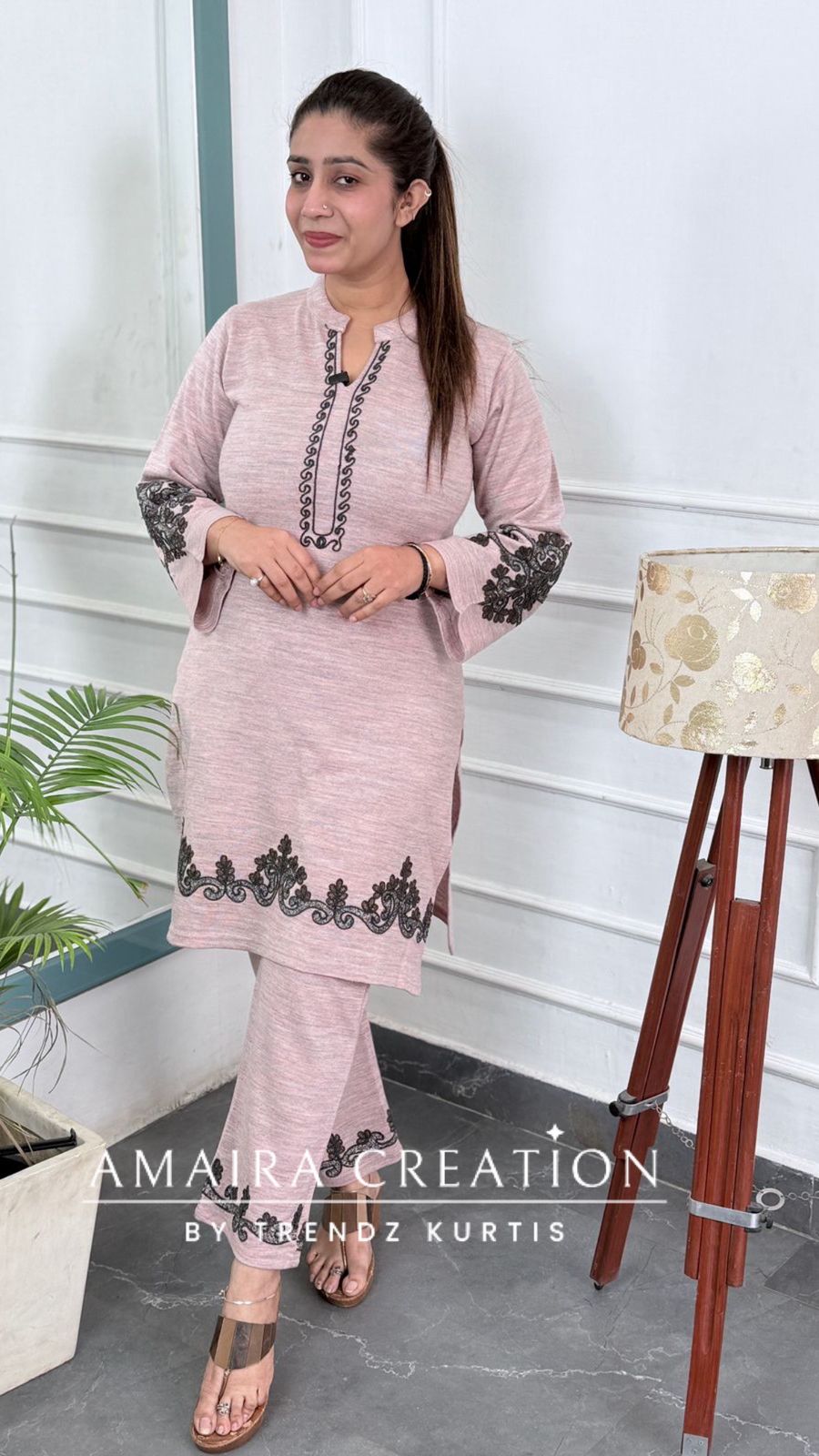 Premium Woolen Light Pink Embroidered Cord Set