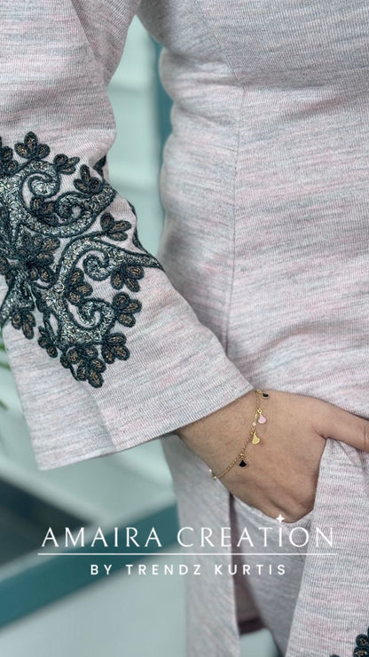 Premium Woolen Light Pink Embroidered Cord Set