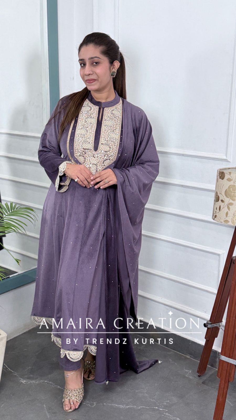 Premium Velvet Lavender Colour Pearl Work Detailing  Anarkali