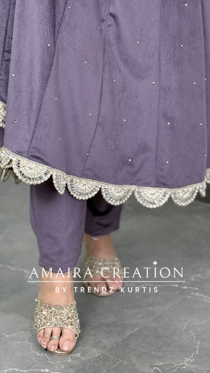 Premium Velvet Lavender Colour Pearl Work Detailing  Anarkali