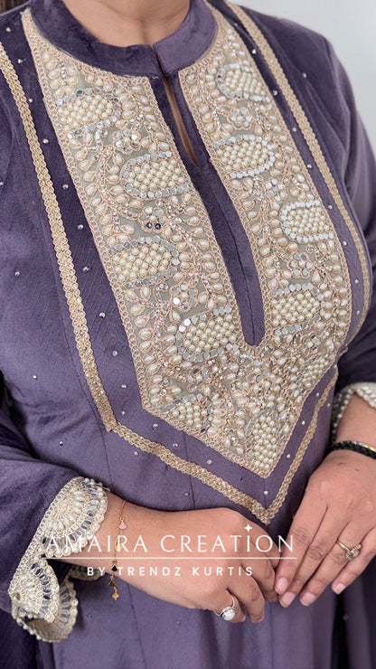Premium Velvet Lavender Colour Pearl Work Detailing  Anarkali