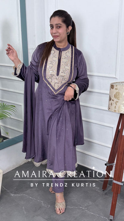 Premium Velvet Lavender Colour Pearl Work Detailing  Anarkali