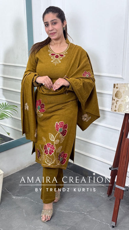 Premium Woolen Mustard Color Embroidered Set