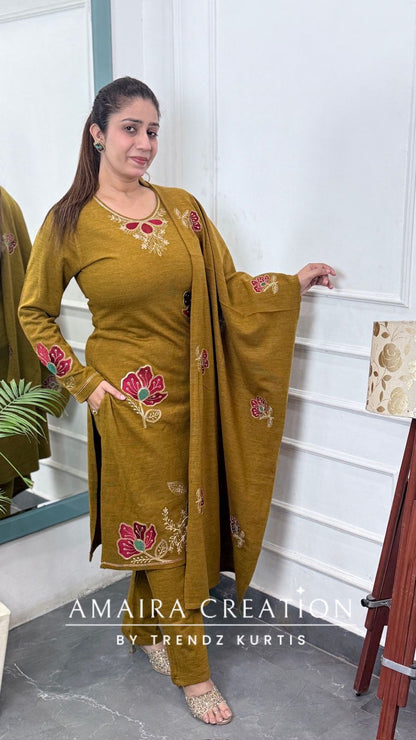 Premium Woolen Mustard Color Embroidered Set
