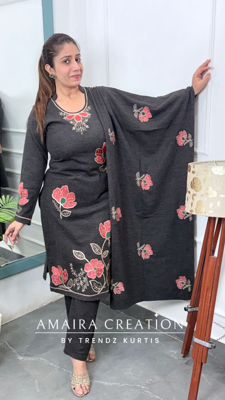 Premium Woolen Dark Grey Color Embroidered Set