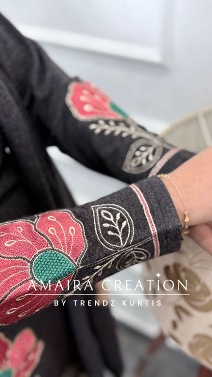 Premium Woolen Dark Grey Color Embroidered Set