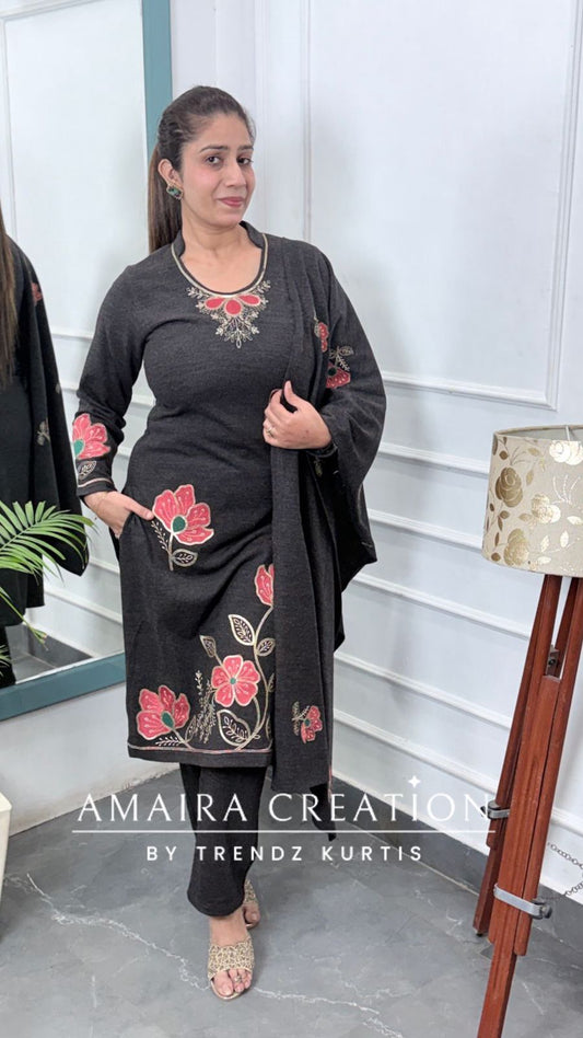 Premium Woolen Dark Grey Color Embroidered Set